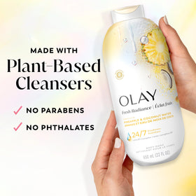Olay body wash being applied in shower showing clean rinse and refreshing benefit