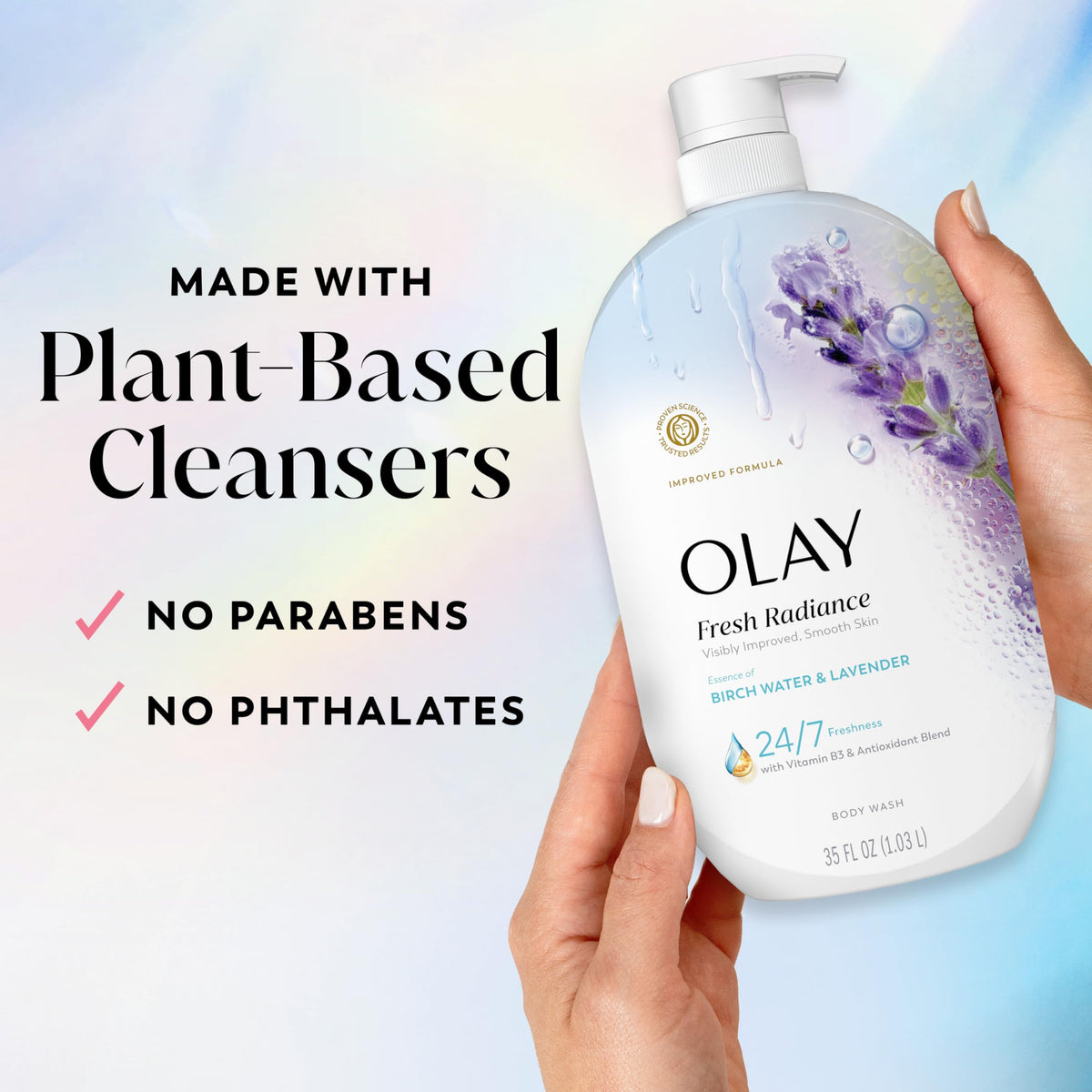 Birch water and lavender imagery with Olay label highlighting natural essence