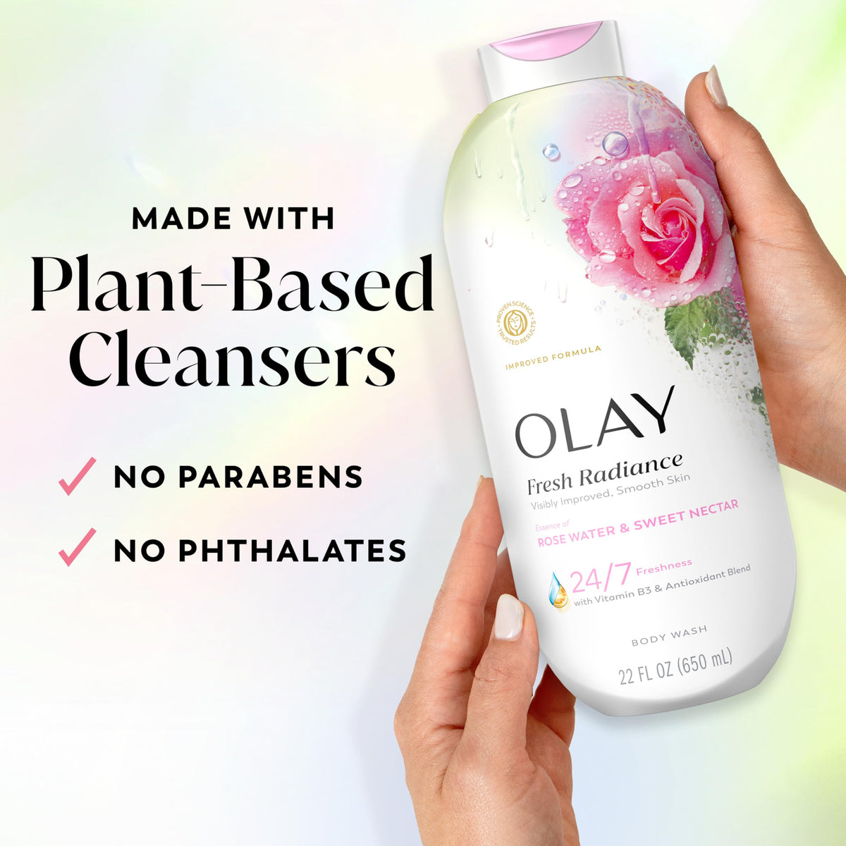 Ingredient label on Olay bottle highlighting Vitamin B3 and plant-based cleansers