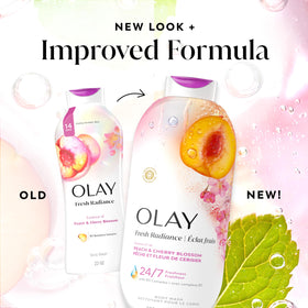 Label close-up of Olay Fresh Radiance ingredient list and plant-based claim