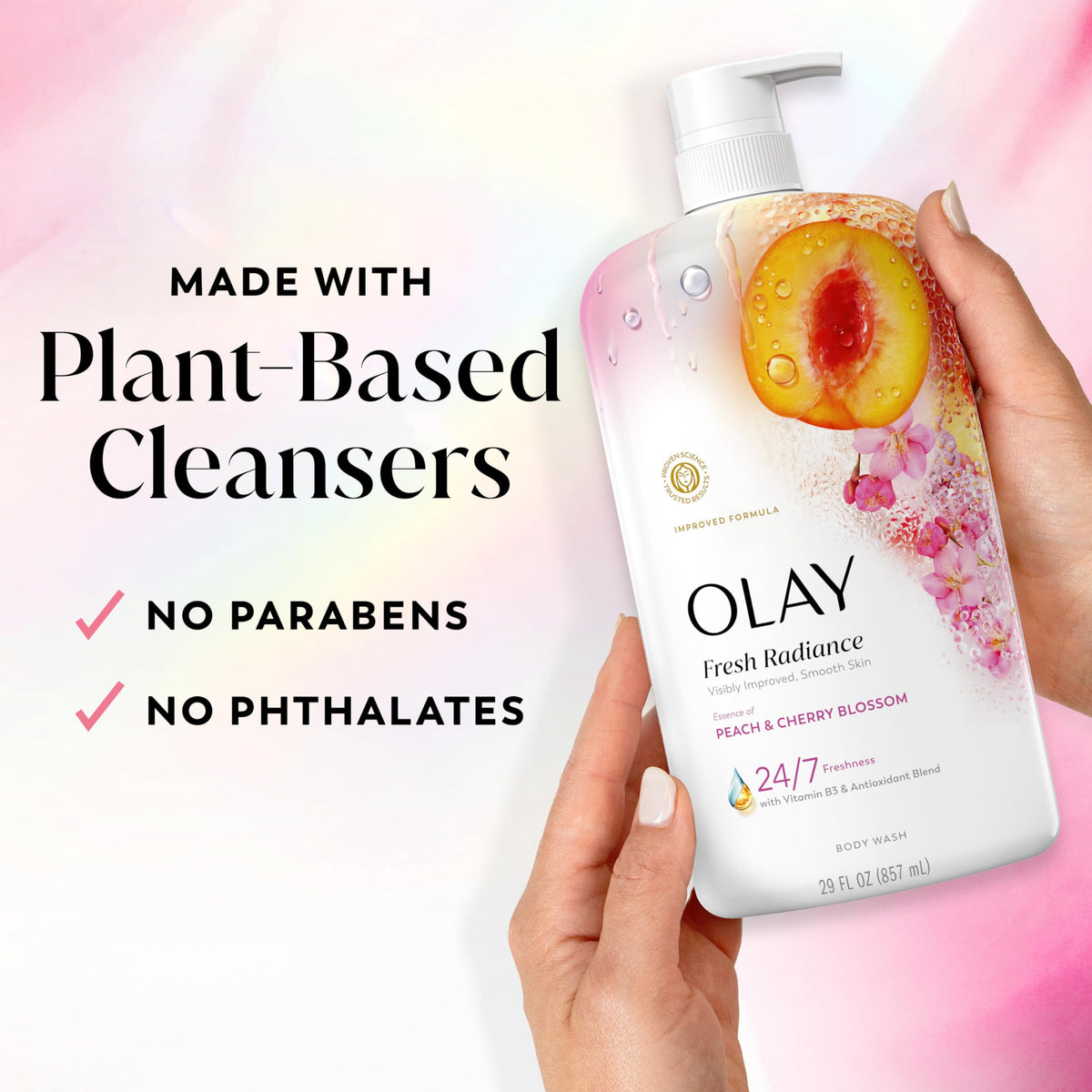 Olay product label highlighting vitamin B3, antioxidants and plant-based cleansers