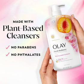 Olay product label highlighting vitamin B3, antioxidants and plant-based cleansers