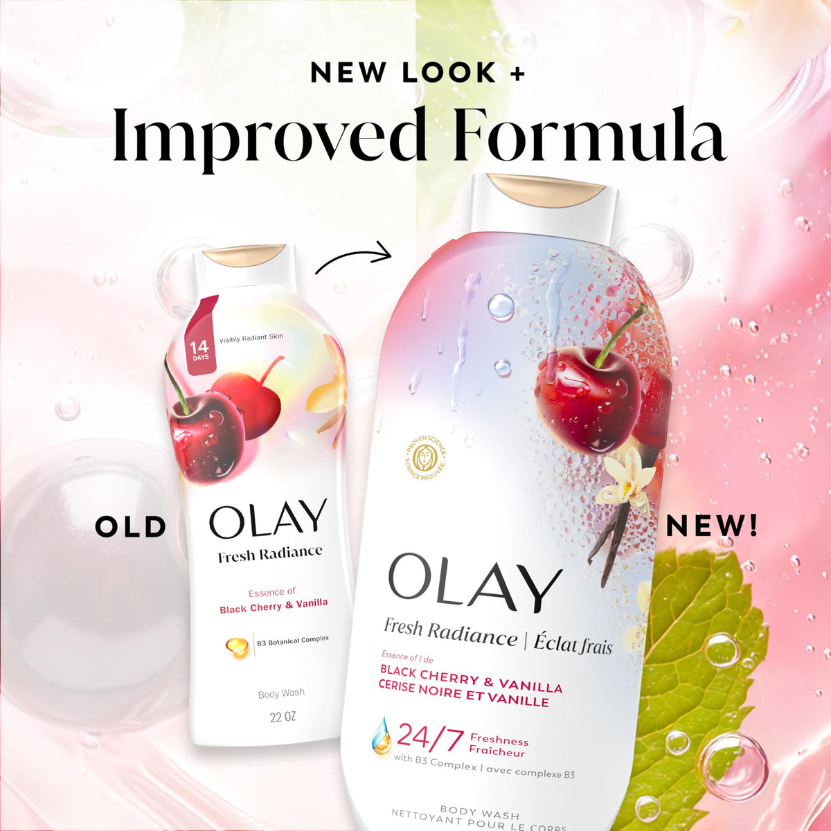Olay Fresh Radiance bottle styled on bathroom shelf showing routine