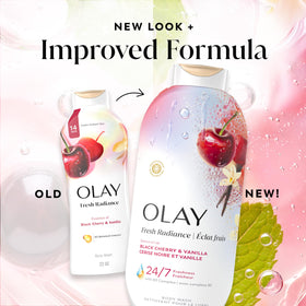 Olay Fresh Radiance bottle styled on bathroom shelf showing routine