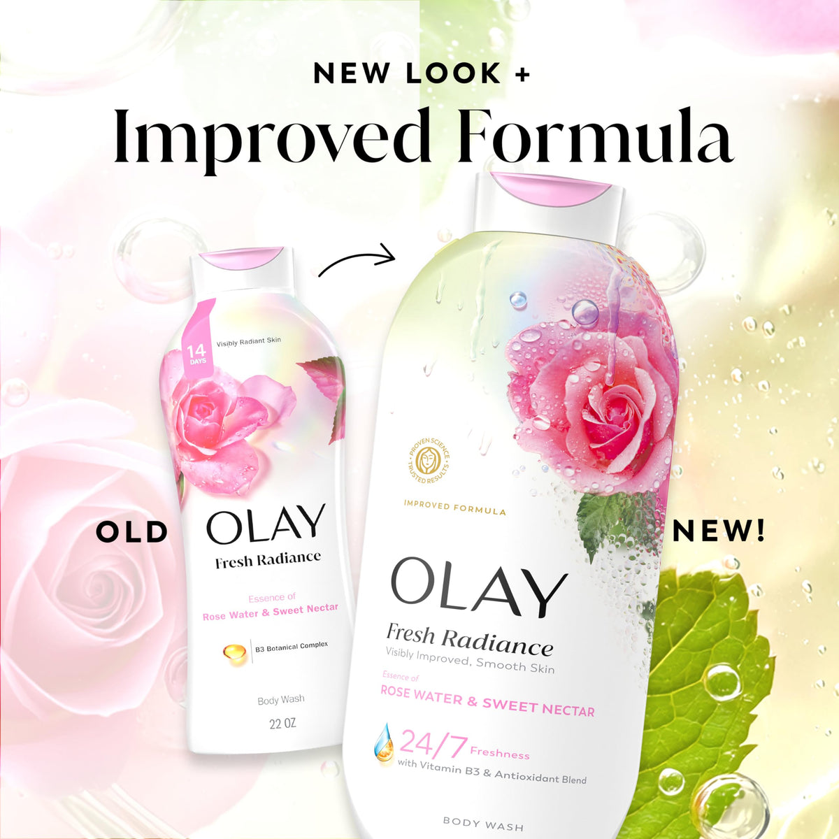 Olay bottle styled on bathroom shelf for a clean, radiant morning routine vibe