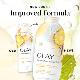 Olay bottle on bathroom shelf styled with plants showing everyday freshness benefit