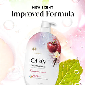 Olay Fresh Radiance on bathroom shelf staged for daily self-care routine