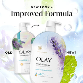 Olay Fresh Radiance bottle paired with Olay lotion to show a complete regimen