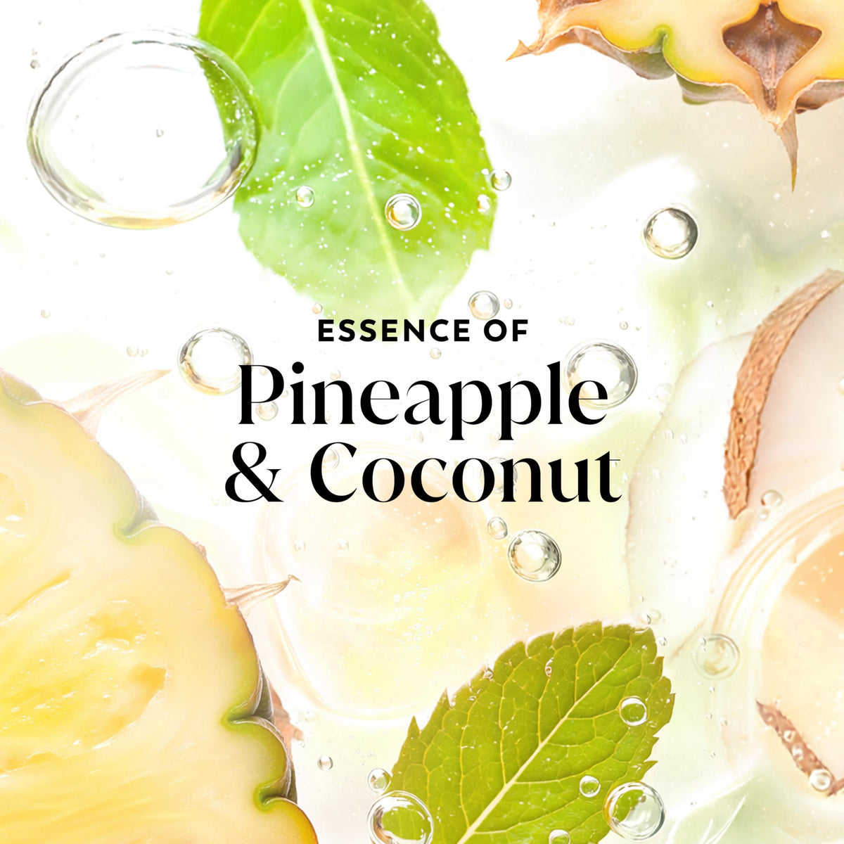 Pineapple and coconut water beside Olay bottle showing natural-inspired scent benefit