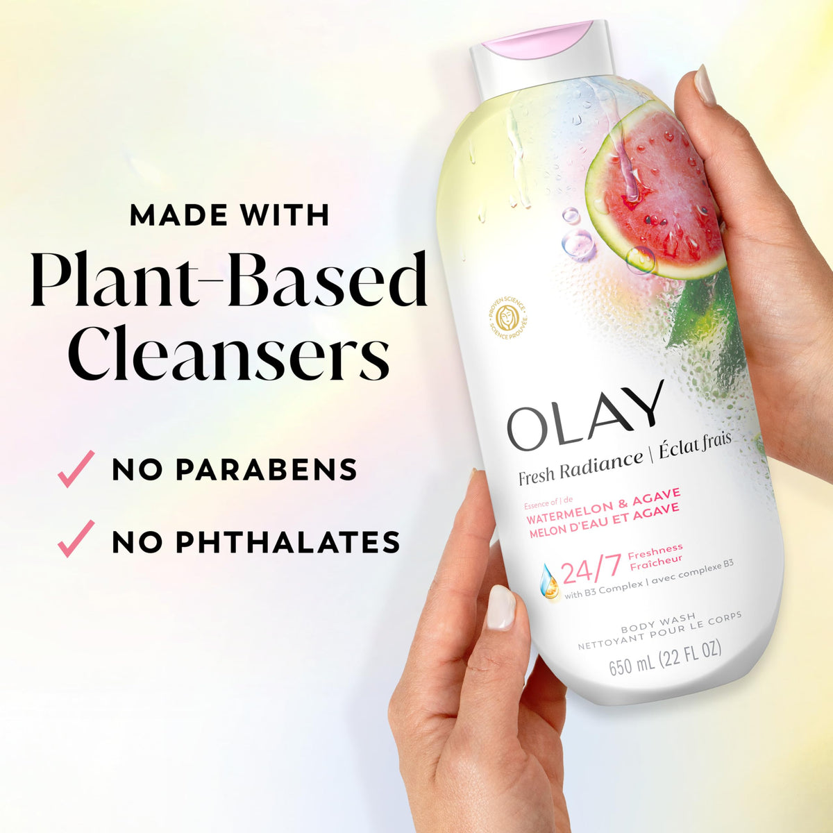 Olay being poured to show 22 fl oz size and amount for value comparison