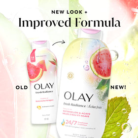 Olay bottle with recyclable symbols emphasizing responsible packaging details