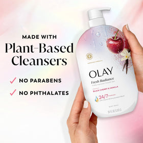 Black cherry and vanilla scent concept alongside Olay Fresh Radiance bottle