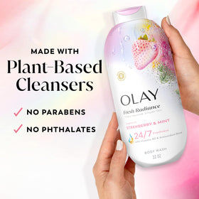 Olay 22 fl oz bottle beside a hand for size and scale reassurance