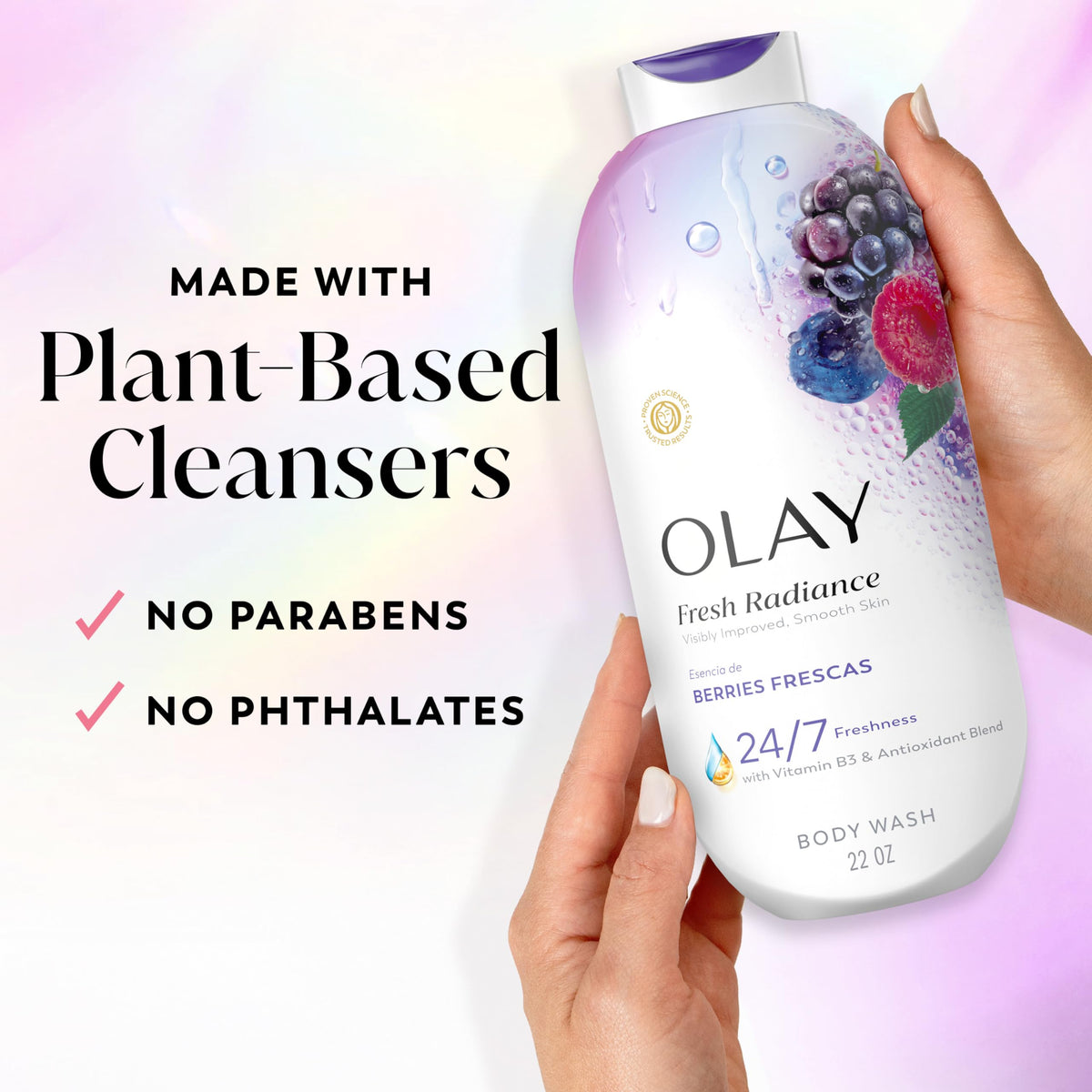 Olay Fresh Radiance 22 fl oz bottle beside common object for size clarity