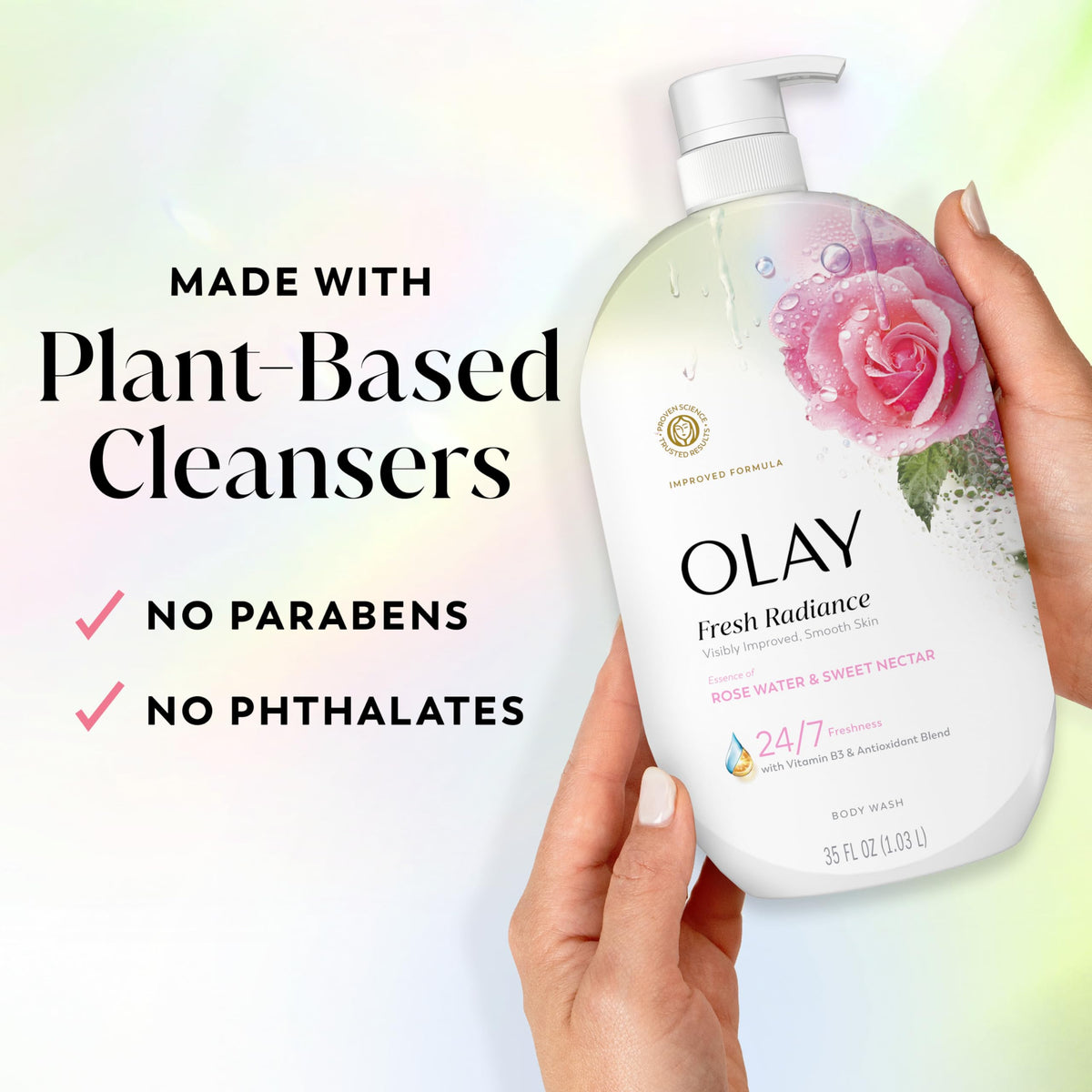 Olay 35 fl oz bottle next to common items for size comparison
