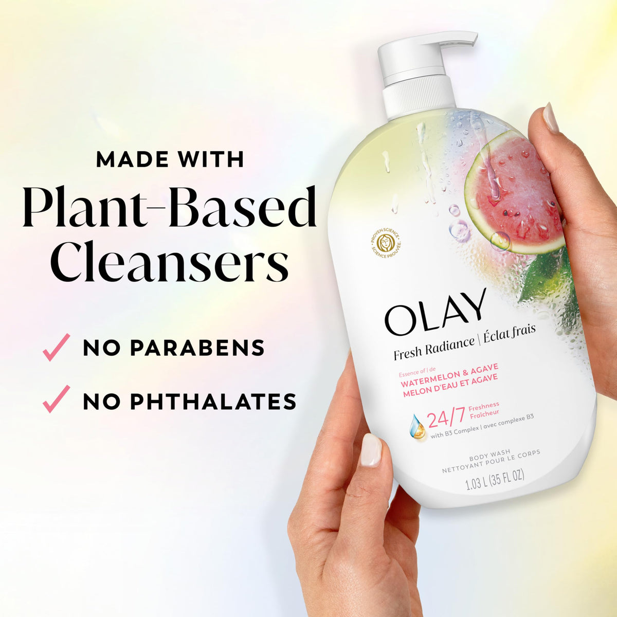 Olay 35 fl oz bottle next to common items for scale