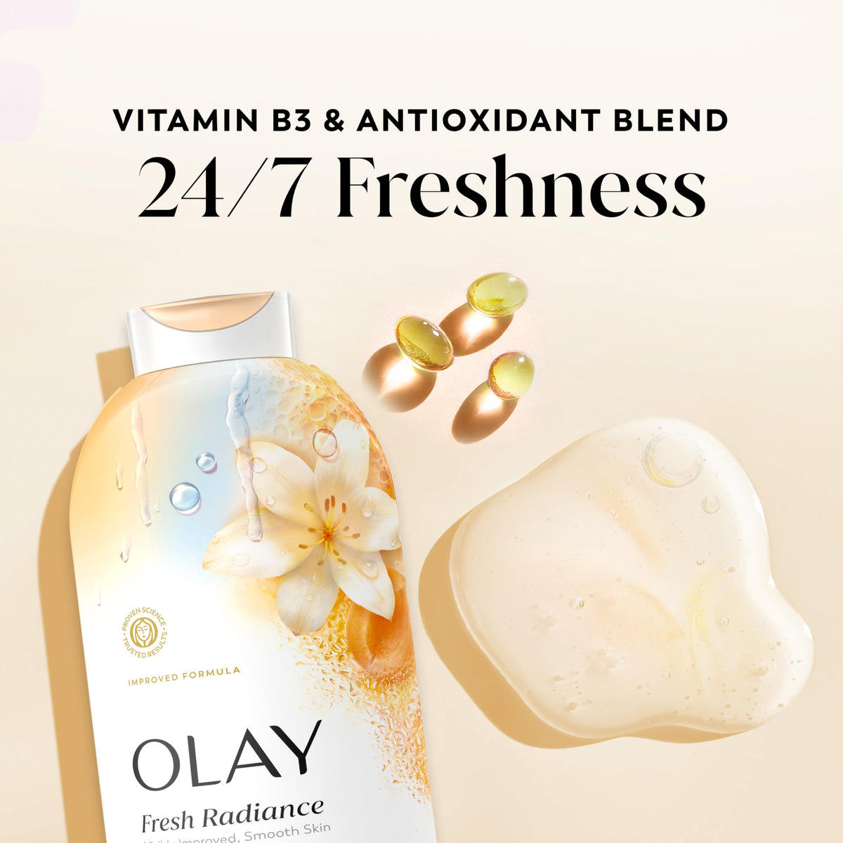 Olay product close-up with vanilla blossom and apricot essence notes