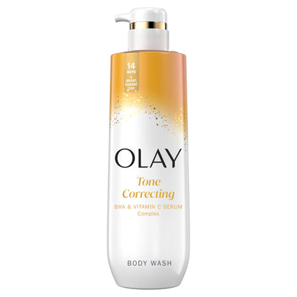 Olay front bottle of Tone Correcting body wash showing packaging and benefit