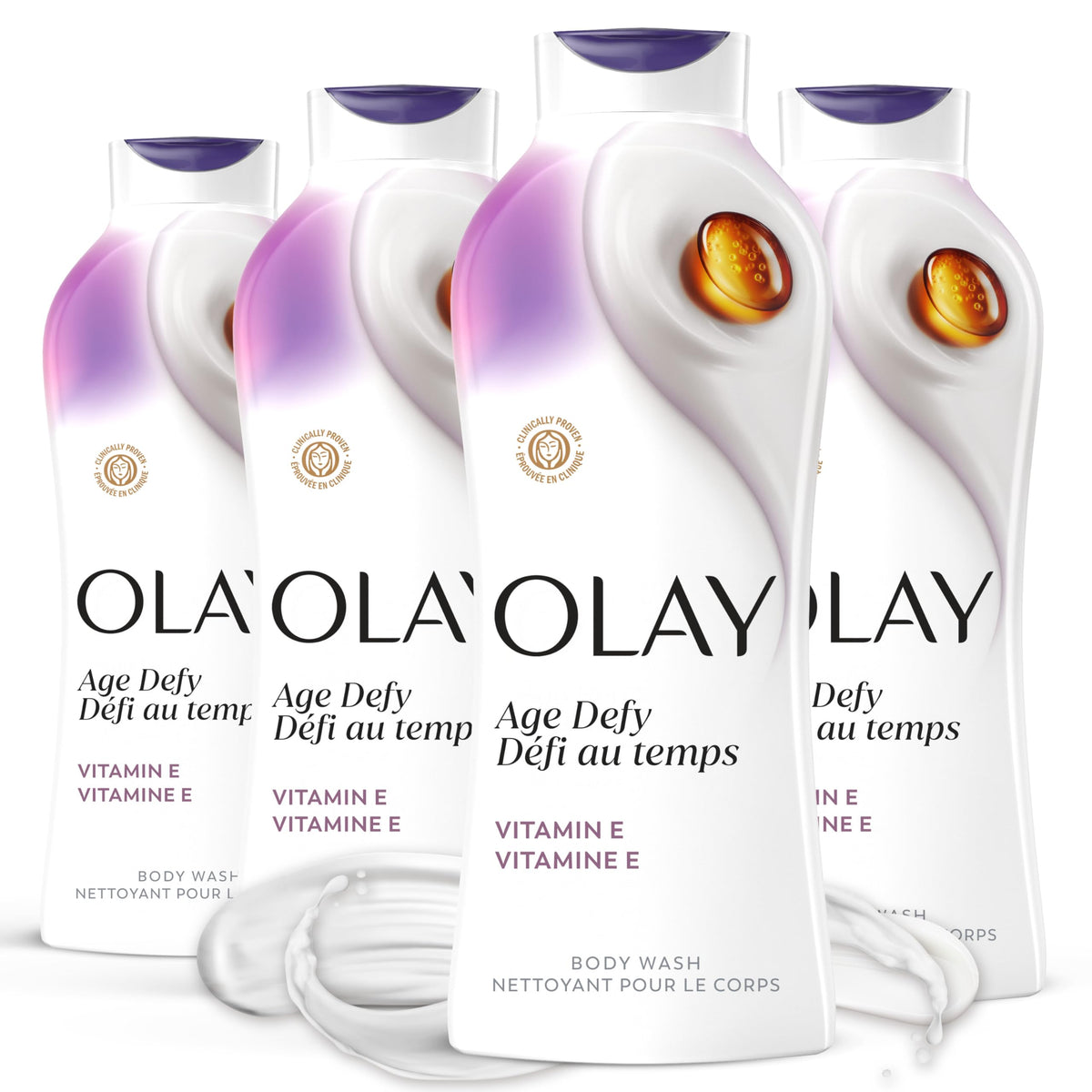 Olay front bottle showing 22 fl oz pack and clear product branding for convenience