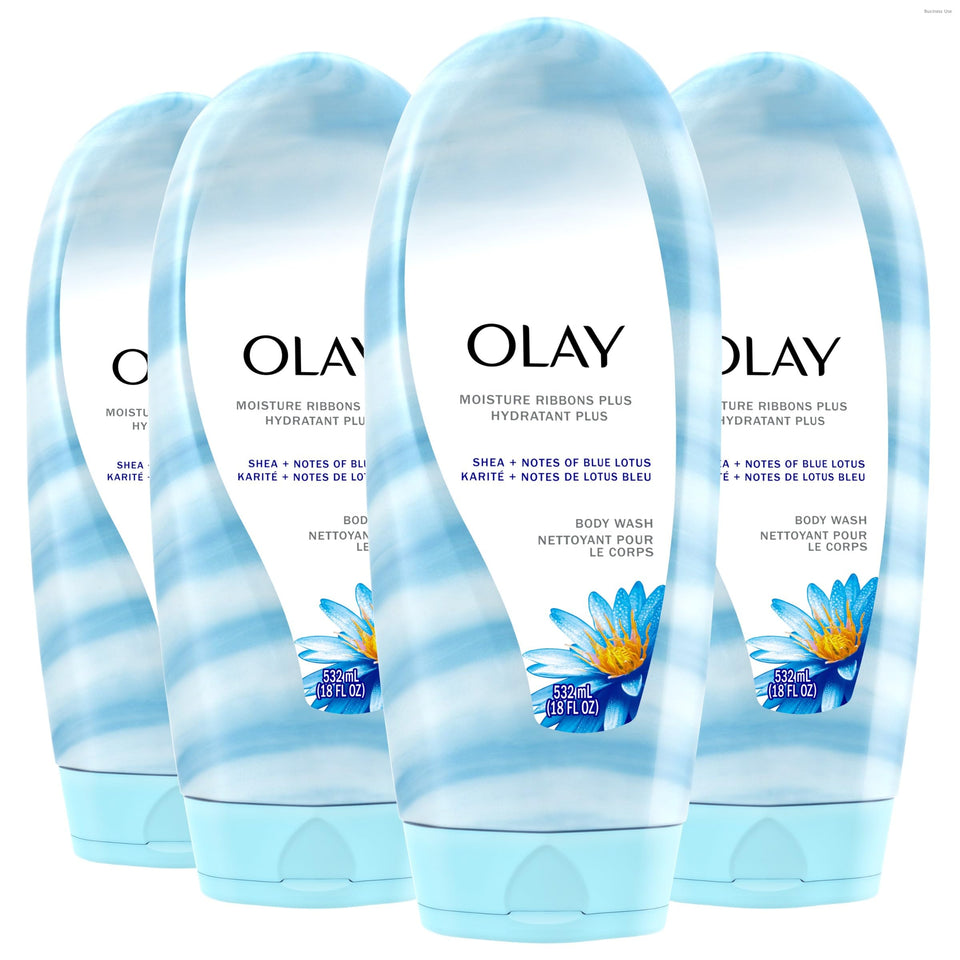 Olay front packaging showing 18 fl oz bottle and moisturizing benefits