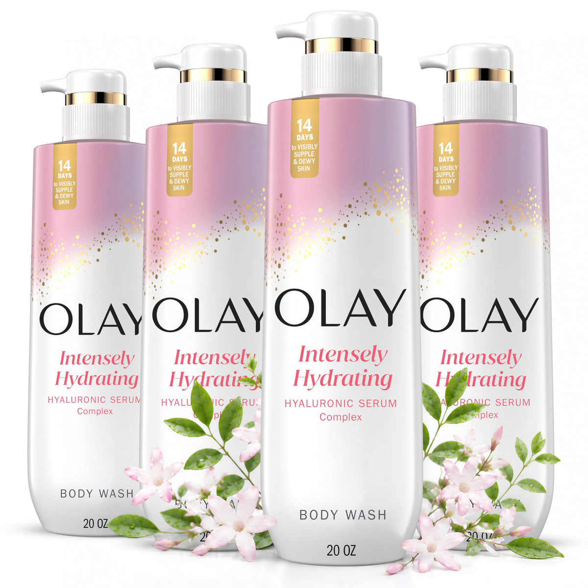 Olay front packaging 20 fl oz four-pack showing product and benefits