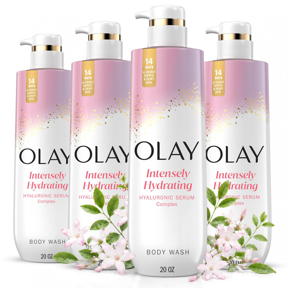 Olay front packaging 20 fl oz four-pack showing product and benefits