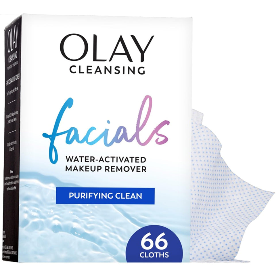 Olay front packaging 66 ct showing product benefits and travel size
