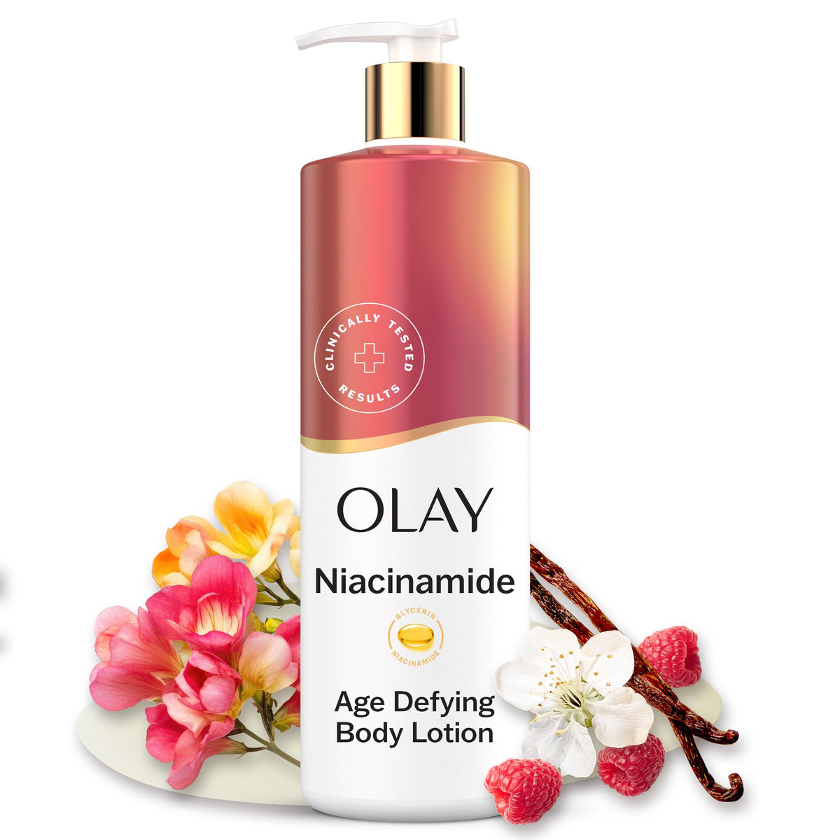 Olay front packaging showing Age Defying lotion and visible benefits