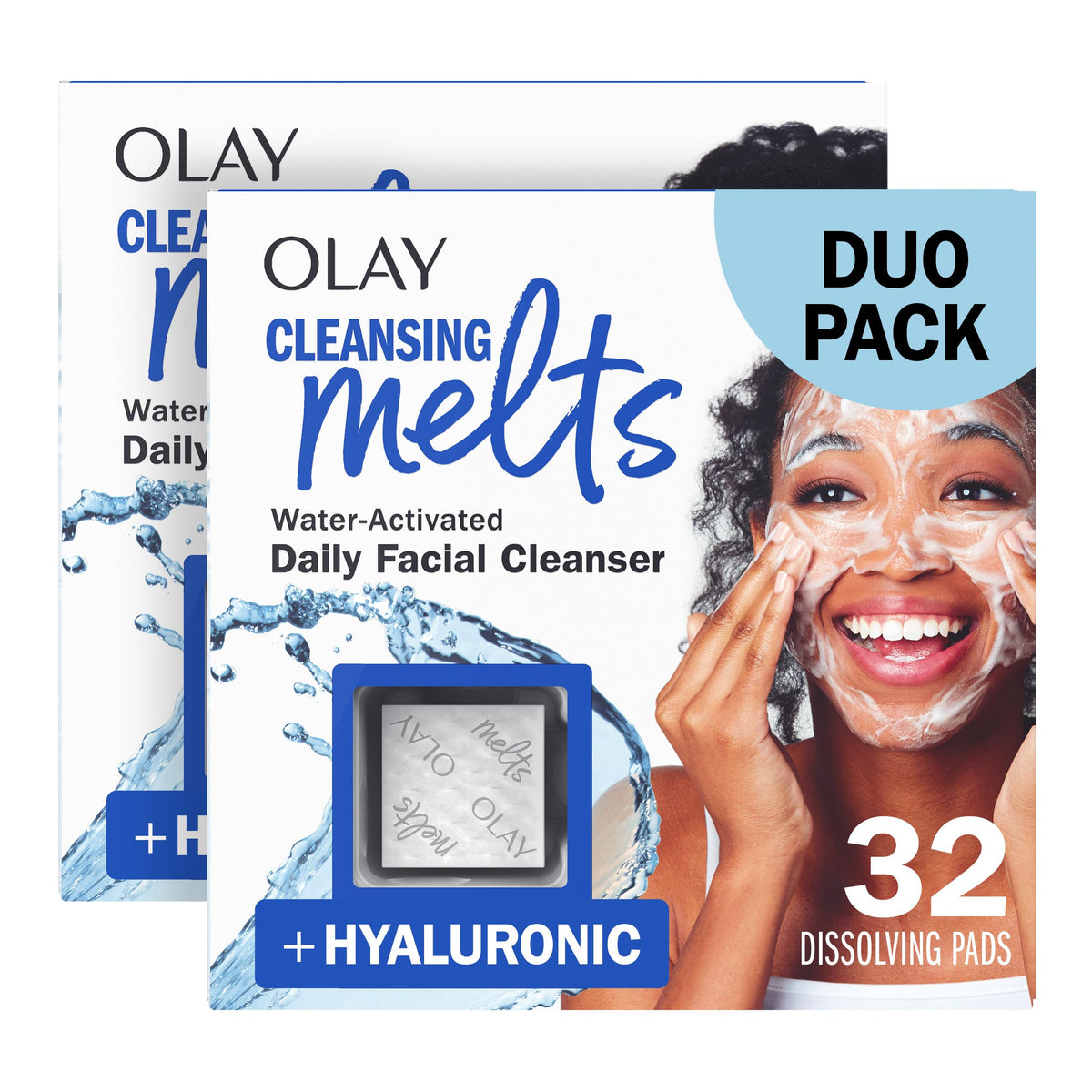 Olay front packaging of Cleansing Melts showing lightweight travel pack and brand benefit