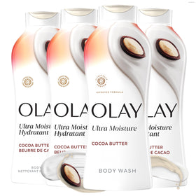 Olay front packaging cocoa butter showing bottle and scent benefit