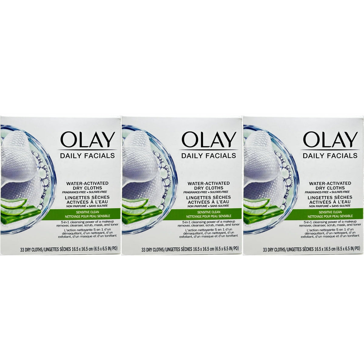 Olay front packaging dry pouch showing count and benefits