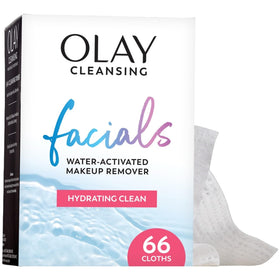 Olay front packaging showing 66-count travel-friendly hydrating wipes benefit convenience