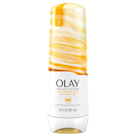Olay front packaging showing indulgent moisture and 20 fl oz size for easy use