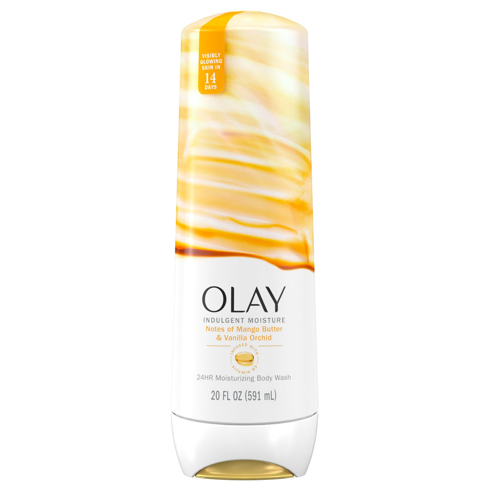Olay front packaging showing indulgent moisture and 20 fl oz size for easy use