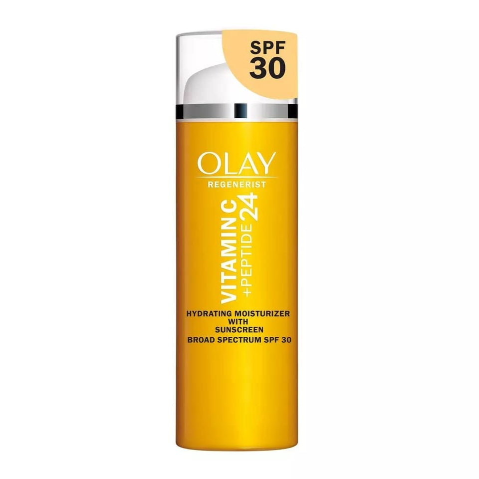 Olay front packaging pump bottle showing brand and SPF for convenient protection