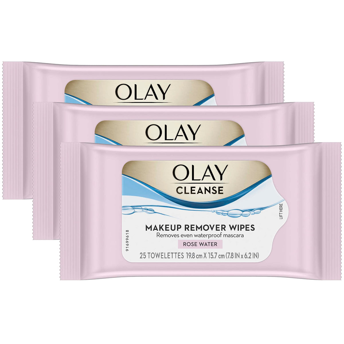 Olay front packaging showing three 25-count tubs and rose water benefit