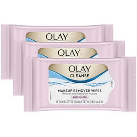 Olay front packaging showing three 25-count tubs and rose water benefit