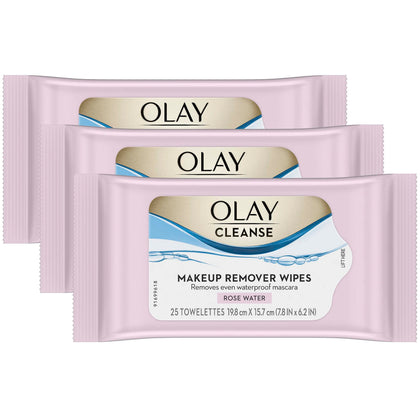 Olay front packaging showing three 25-count tubs and rose water benefit