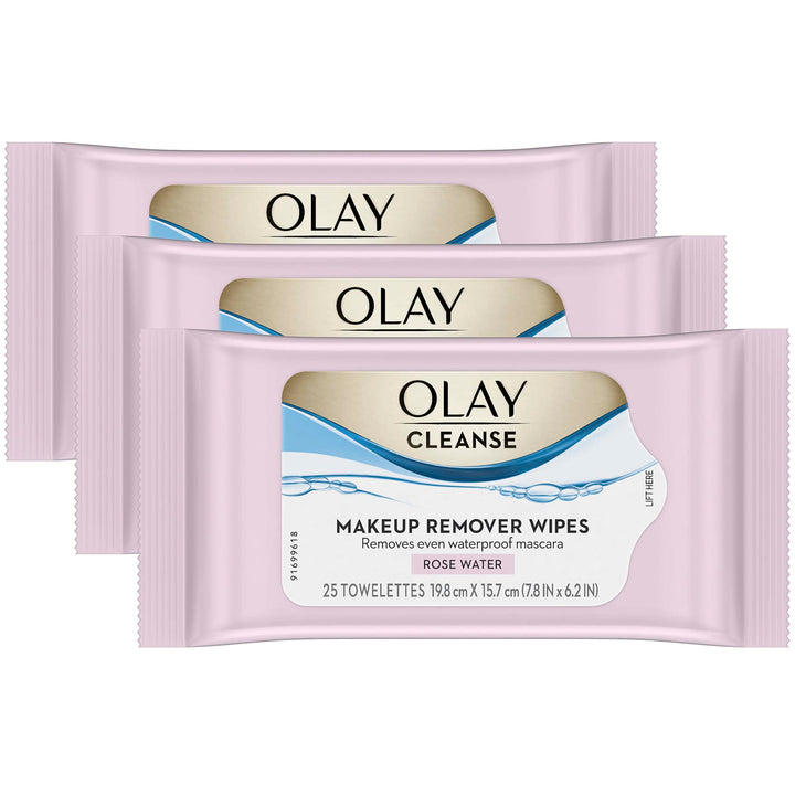 Olay front packaging showing three 25-count tubs and rose water benefit