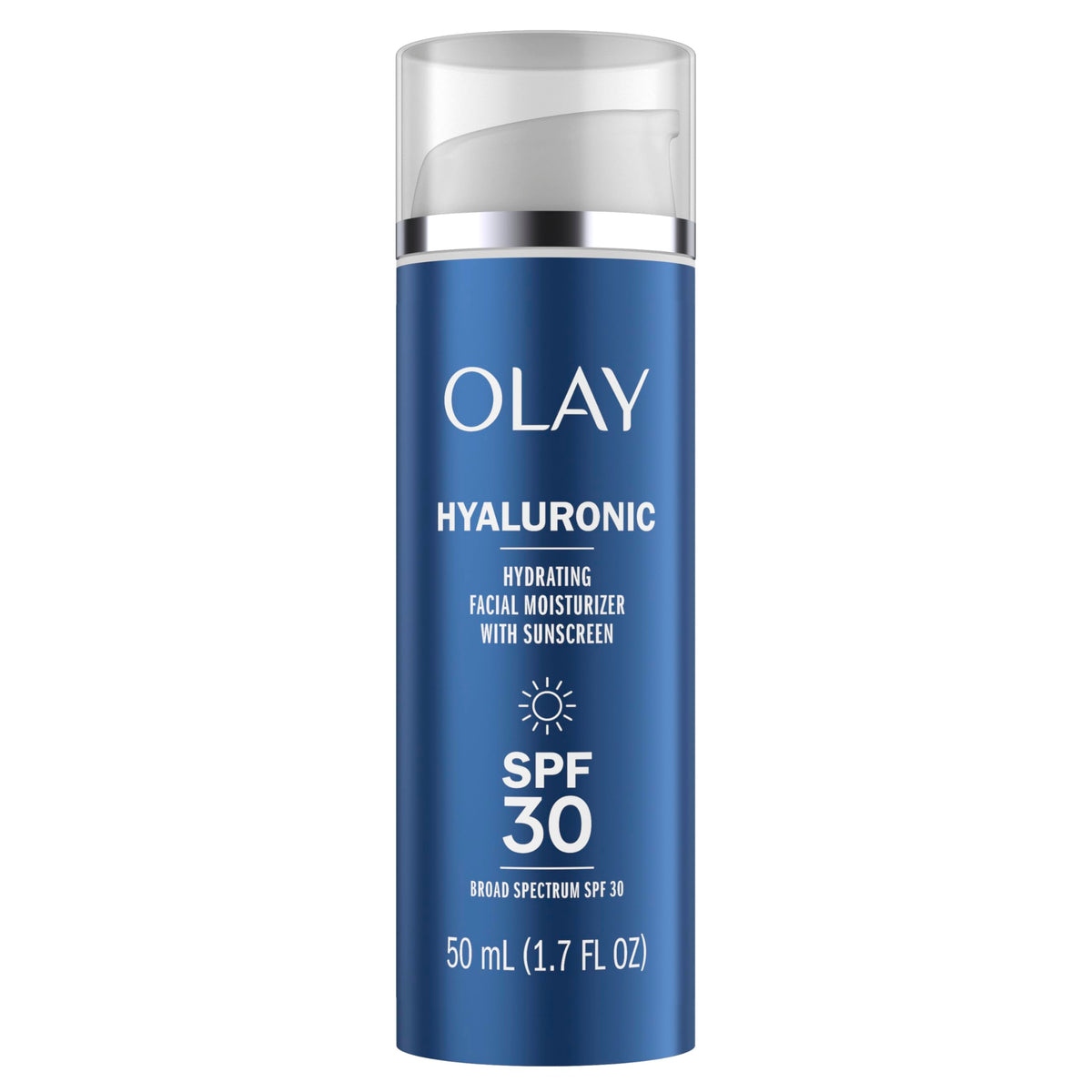Olay front packaging showing SPF 30 and hydrating benefits