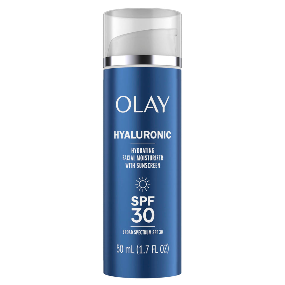 Olay front packaging showing SPF 30 and hydrating benefits