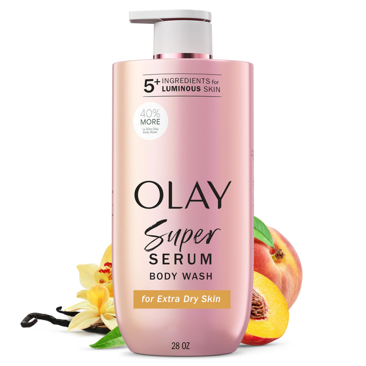 Olay front packaging showing Super Serum Body Wash and benefits