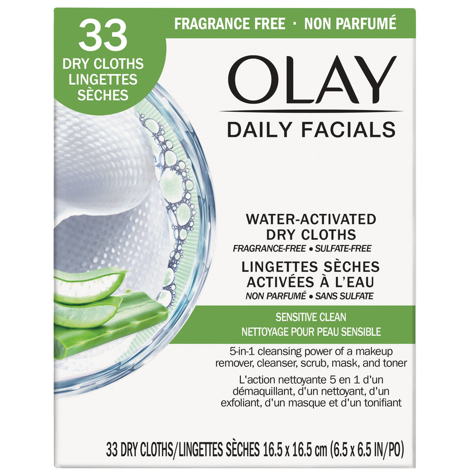 Olay front packaging showing two 33-count packs and benefits