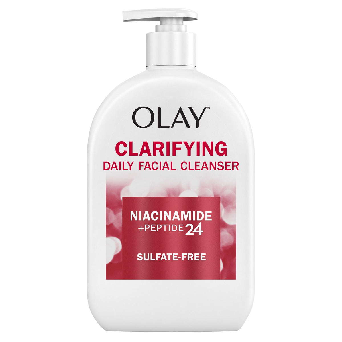 Olay front pump bottle showing label and convenient dispenser benefit