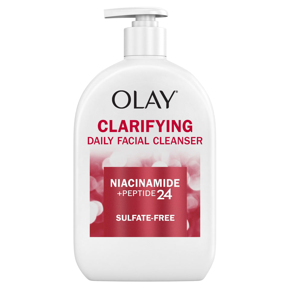 Olay front pump bottle showing label and convenient dispenser benefit