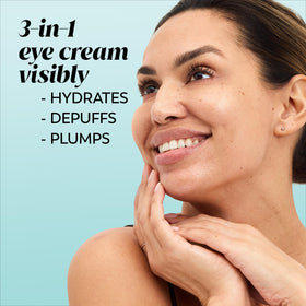 Olay applying eye gel under eye demonstrating cooling, smoothing benefit