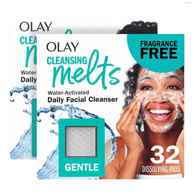 Olay front packaging showing gentle cleansing melts and travel count