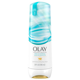 Olay bottle front packaging showing guava and coconut scent and moisturizing benefit