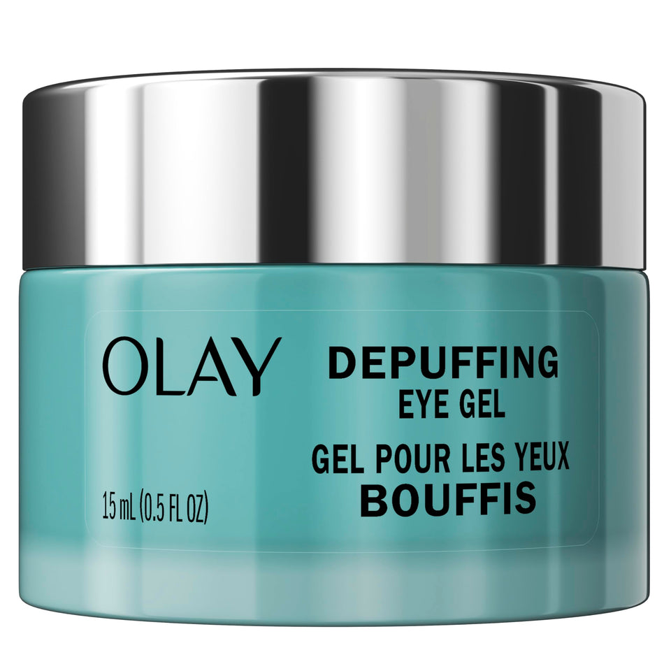 Olay front packaging of Hyaluronic + Peptide 24 gel eye cream showing tube benefits