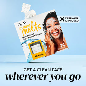Olay cleansing pad used at bathroom sink illustrating daily routine ease and quick results benefit